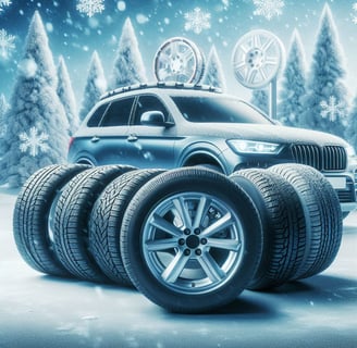 Car with winter tires for snowy conditions.