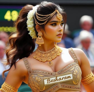 a woman in a gold dress with a flower in her hair