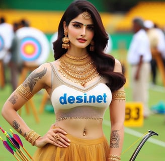 a woman in a dress with a bow tie and arrows