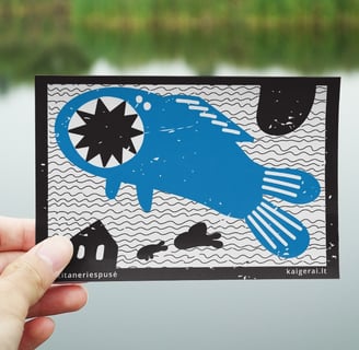 Promotional postcard for studying. it shows an illustration of a house, fish and a river. 