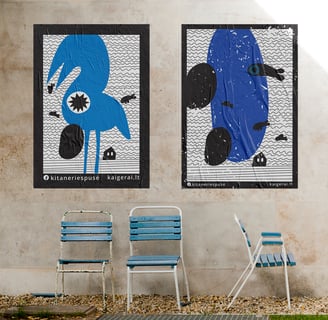 Promotional posters for studios. They feature illustrations of a house, fish, water birds and a river. 