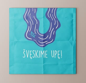 Festival logotype. River U letter shape, blue colour with small canoe. 