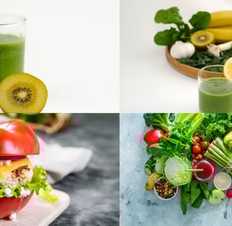 a variety of food items including a sandwich, salad, and a glass of juice