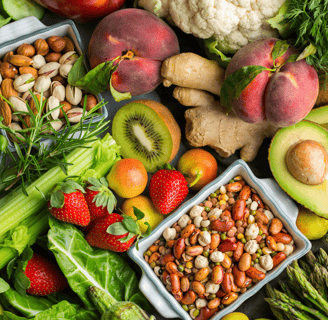 a variety of fruits and vegetables are displayed on a table