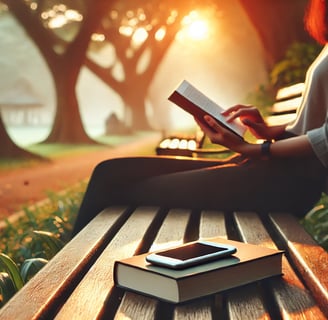 A person sitting on a park bench at sunrise, holding a book. Phone is left untouched.