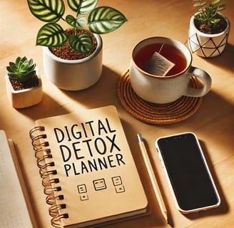 A desk setup with a "Digital Detox Planner," a cup of tea, a potted plant., a switched of phone.