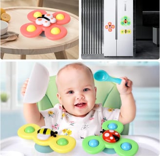 A toddler in a high chair with a bowl and spoon, playing with colorful suction cup spinner toys on t