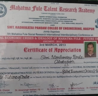 Certificate of appreciation from Mahatma Fule Talent Research Academy