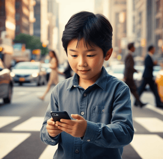 Child crossing street while distracted by cell phone