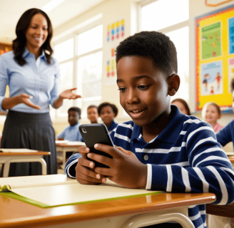 Child on cell phone while in school classroom