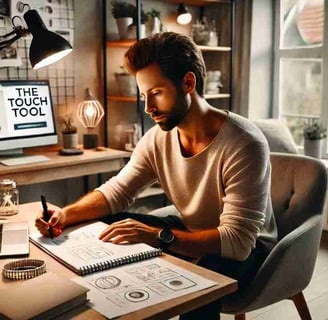 a man sitting at a desk with a laptop and a notebook