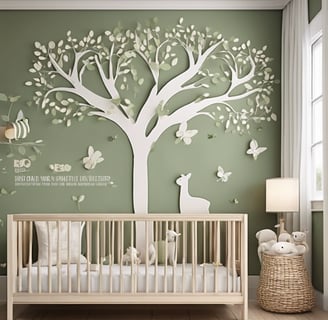 a baby's room with a baby's room wall mural