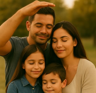 Padre protegiendo con su mano a su familia, concepto visual de seguro de vida