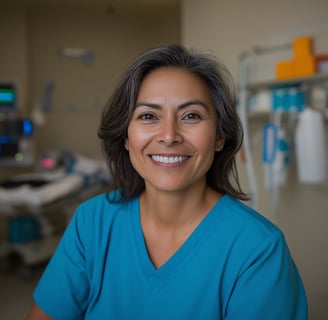 Nurse in blue scrubs sitting in medical room