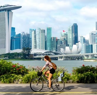 a woman riding a bicycle in front of a city skyline