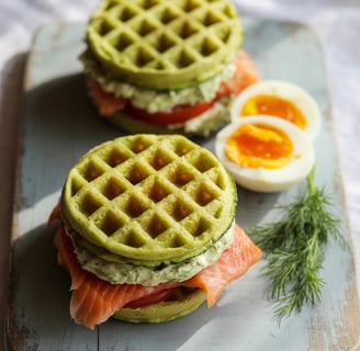 Two keto zucchini waffle sandwiches with smoked salmon, herbed avocado crema,and tomato slices