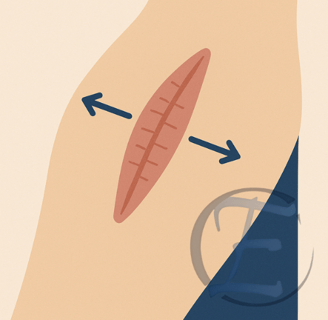 Ilustração explicativa sobre cicatriz hipertrófica ou inestética com indicação de correção.