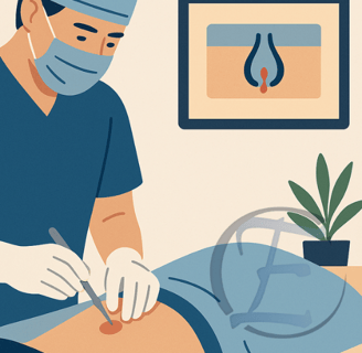 Procedimento ambulatorial para correção de cisto pilonidal com técnica segura e estéril.