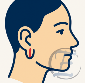 Perfil minimalista com lóbulo fendido vermelho; contorno azul-escuro, fundo branco.
