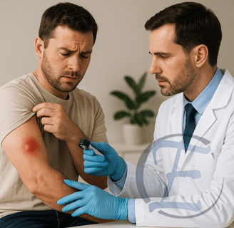 Paciente com abscesso cutâneo inflamado sendo avaliado em consultório médico.