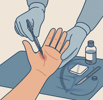 Remoção médica de corpo estranho superficial com assepsia e técnica segura.