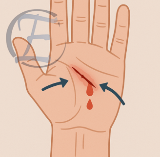Ilustração médica mostrando corte que requer sutura pela separação das bordas.