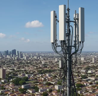 Antena de telecomunicação 5G em destaque, com vários painéis e cabos, instalada sobre uma cidade com