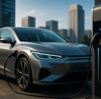 Carro elétrico prateado de design moderno conectado a uma estação de recarga ultrarrápida em ambient
