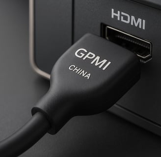 Cabo GPMI de origem chinesa conectado a uma entrada HDMI em um dispositivo eletrônico, simbolizando