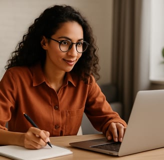 Mulher jovem usando óculos e camisa laranja trabalha concentrada em seu notebook, enquanto anota ide