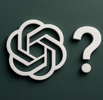 Logo 3D do ChatGPT branco ao lado de um ponto de interrogação em alto-relevo, sobre fundo verde escu