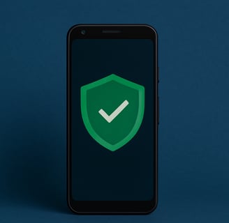 Smartphone moderno com tela exibindo um ícone de escudo verde com marca de verificação, simbolizando