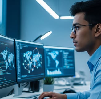 Um close-up de um profissional de tecnologia da informação, de perfil, trabalhando em um escritório