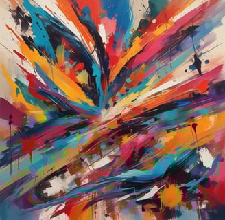 An abstract painting featuring a vibrant mix of colors and textures with bold blue strokes and speckles of glitter. White and brown patches overlap, creating a dynamic contrast against the dark background. Splashes of yellow and hints of green add vibrancy, while fluid shapes create a sense of movement.