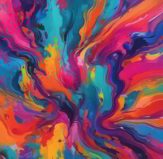 Vibrant abstract art featuring swirling patterns and splatters of paint. Bright pink, purple, and blue backgrounds are intersected by bold yellow lines and various circular or amorphous forms. The composition is lively and dynamic, with a playful arrangement of colors and shapes.