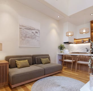 Villa Nila’s cozy living space and fully equipped kitchen, designed for comfort and island living in