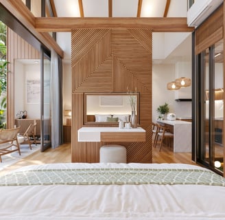 Cozy tropical bedroom in Villa Nila with a bed facing a sleek rotating mirror-TV for ultimate comfor