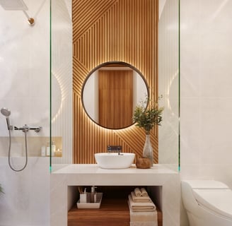 Villa Nila bathroom featuring natural textures and a seamless connection to the outdoor patio blend