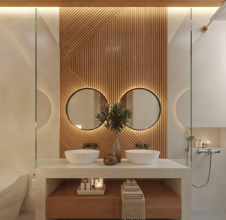 Modern bathroom in Villa Oraya opening onto a lush patio, offering a natural and tranquil Bali exper
