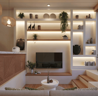 Villa Oraya’s open-plan living room and kitchen with a sunken lounge, blending modern comfort