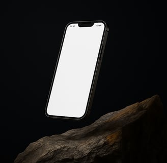 a phone with a white screen and a rock