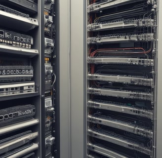 A person is standing inside a technical room or server room, working with equipment mounted on a rack. They appear focused and are adjusting or observing the setup. The equipment includes cables and a camera on a tripod. The scene is viewed through a square window with bolts, suggesting a secure or restricted area.