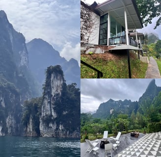 Views of soaring mountains surrounding a lake in Khao Sok, Thailand, A glass bungalow and mountains