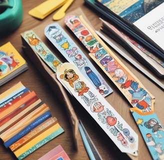Four colorful children's books are arranged on a light wooden surface. Each book cover features distinct artwork and typography. One book has an orange cover with white lettering and small star designs. Another book has a blue and white cover with an illustration of an indigenous character. A third book displays an animated character with a furry costume on a primarily white cover. The fourth book has a cartoonish jar filled with bright-colored characters against a brownish background.