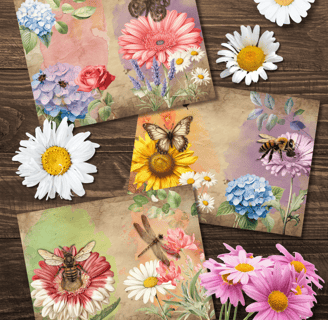 vintage-style floral ephemera with bees, butterflies, and dragonflies, displayed on a wooden surface