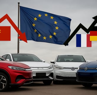 Coches eléctricos chinos y europeos enfrentados en un escenario simbólico de tensión comercial.
