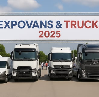 Camiones eléctricos y diésel en la entrada de EXPOVANS & TRUCKS 2025, con asistentes observando