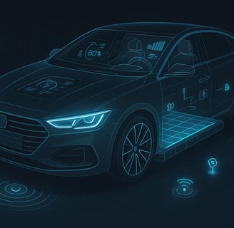 Concepto técnico de un coche moderno en 2025 con interfaz digital y arquitectura electrónica avanzad
