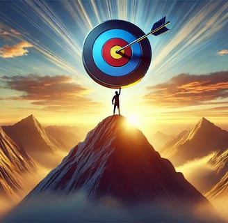 Man standing on a mountain with blazing sun holding a target above his head with arrow in bullseye
