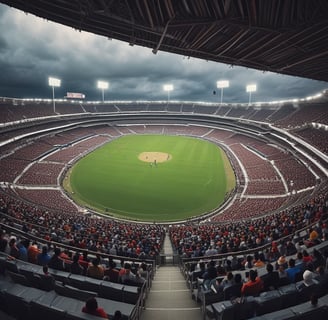 A group of people are playing cricket on an open dusty ground surrounded by urban buildings. Some children and adults are watching or participating in the game. There are motorcycles parked near the play area, and the backdrop includes a water tank and a cell tower. The sky is partly cloudy with a bird flying above.
